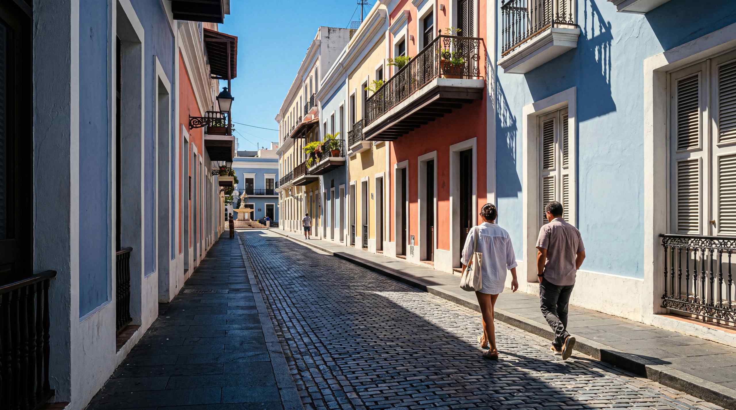A couple goes for a stroll in Old San Juan.